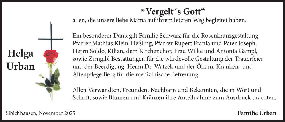  Traueranzeige für Helga Urban vom 08.11.2025 aus merkurtz