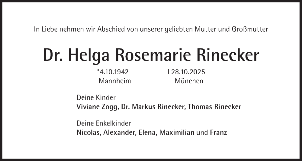 Traueranzeige für Helga Rosemarie Rinecker vom 08.11.2025 aus merkurtz