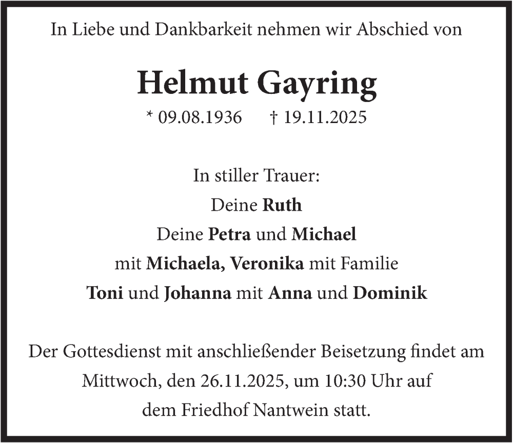  Traueranzeige für Helmut Gayring vom 22.11.2025 aus merkurtz