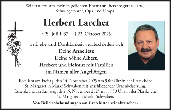Traueranzeige von Herbert Larcher von merkurtz
