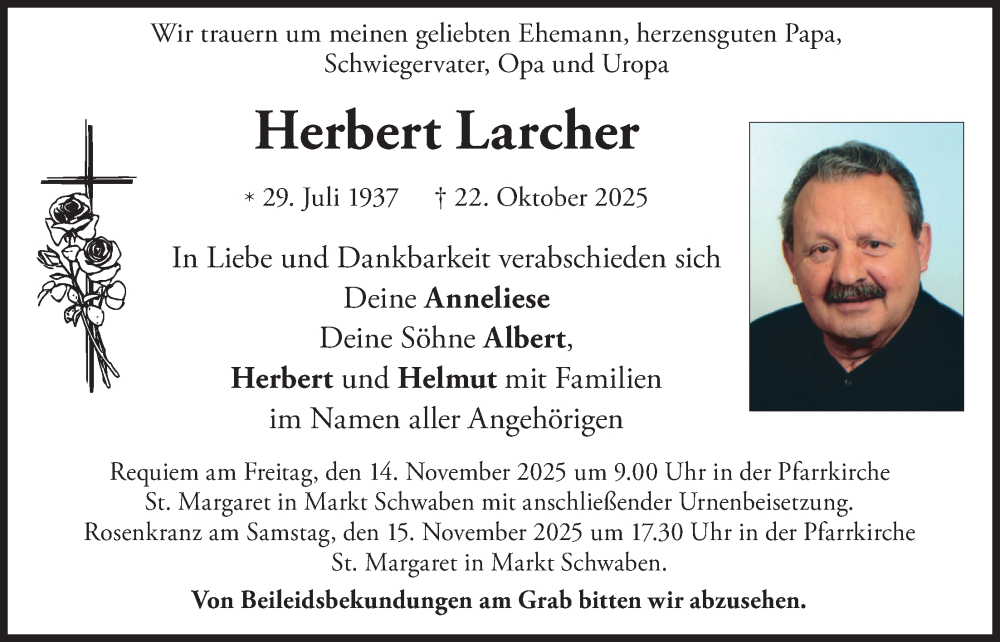  Traueranzeige für Herbert Larcher vom 08.11.2025 aus merkurtz