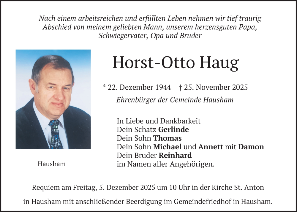  Traueranzeige für Horst-Otto Haug vom 29.11.2025 aus merkurtz