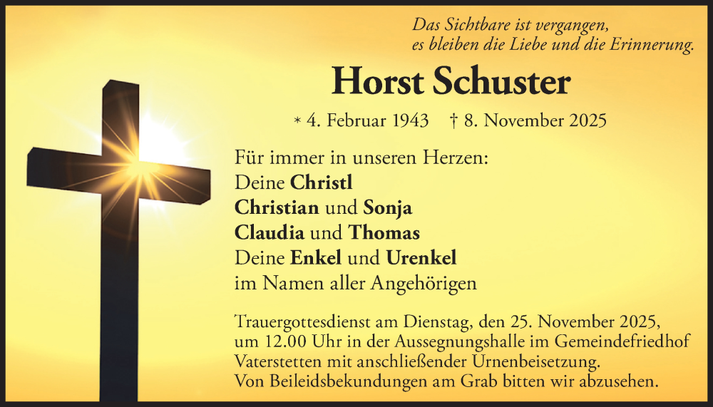  Traueranzeige für Horst Schuster vom 22.11.2025 aus merkurtz