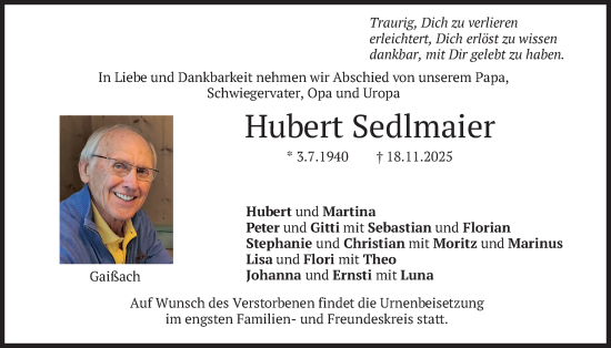 Traueranzeige von Hubert Sedlmaier von merkurtz