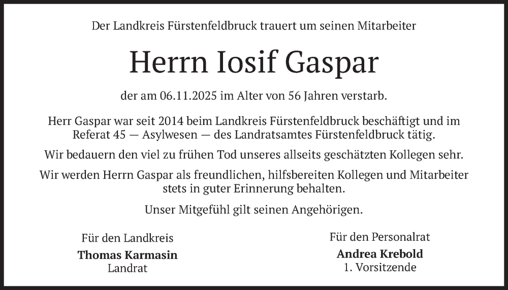  Traueranzeige für Iosif Gaspar vom 20.11.2025 aus merkurtz