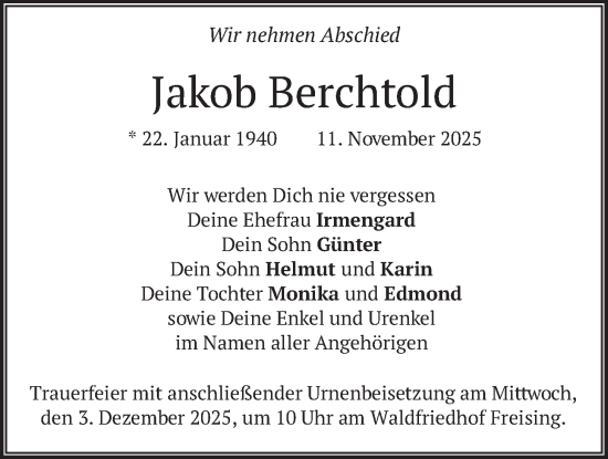 Traueranzeige von Jakob Berchtold von merkurtz