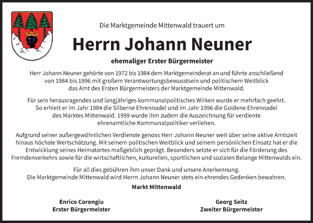  Traueranzeige für Johann Neuner vom 28.11.2025 aus merkurtz