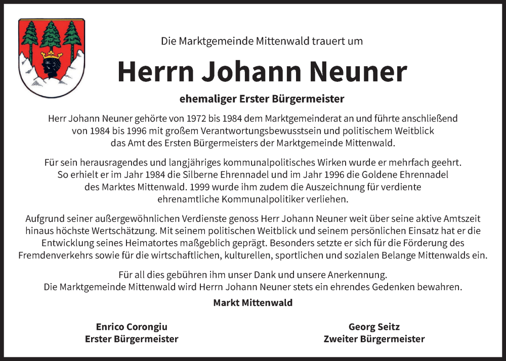  Traueranzeige für Johann Neuner vom 29.11.2025 aus merkurtz