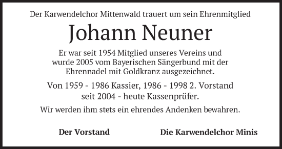 Traueranzeige von Johann Neuner von merkurtz