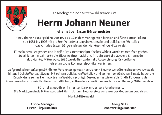 Traueranzeige von Johann Neuner von merkurtz