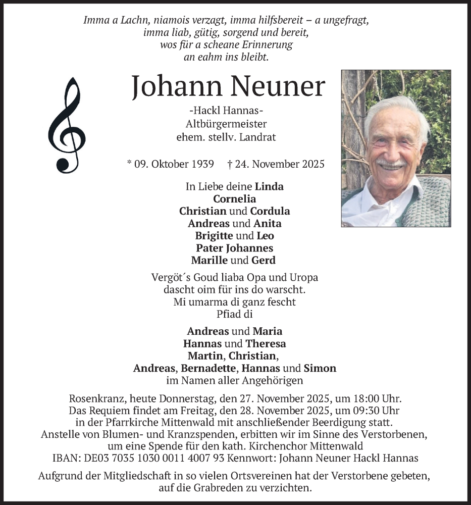  Traueranzeige für Johann Neuner vom 27.11.2025 aus merkurtz