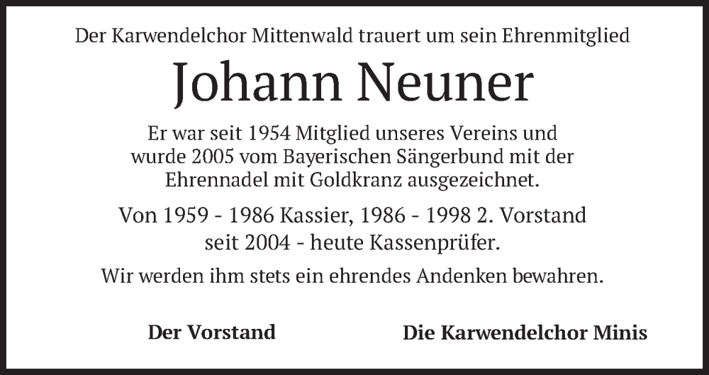  Traueranzeige für Johann Neuner vom 29.11.2025 aus merkurtz