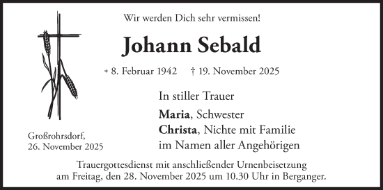 Traueranzeige von Johann Sebald von merkurtz