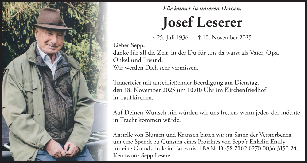  Traueranzeige für Josef Leserer vom 15.11.2025 aus merkurtz