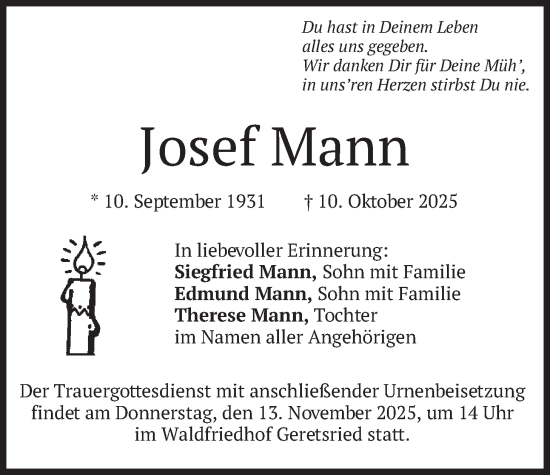 Traueranzeige von Josef Mann von merkurtz