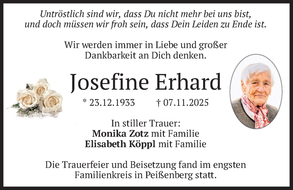  Traueranzeige für Josefine Erhard vom 22.11.2025 aus merkurtz