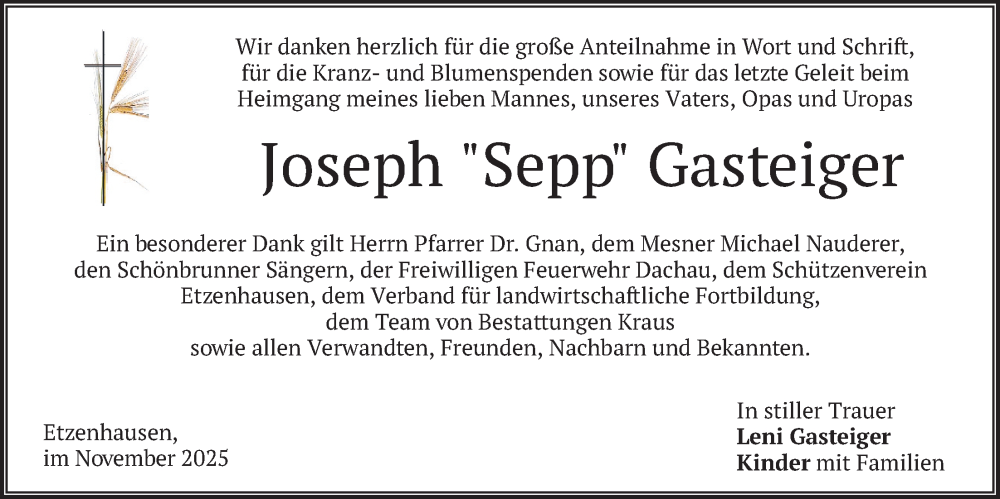 Traueranzeige für Joseph Gasteiger vom 06.11.2025 aus merkurtz