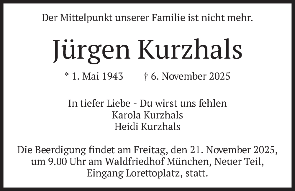  Traueranzeige für Jürgen Kurzhals vom 15.11.2025 aus merkurtz