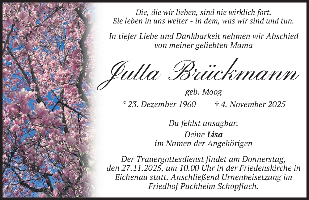  Traueranzeige für Jutta Brückmann vom 15.11.2025 aus merkurtz