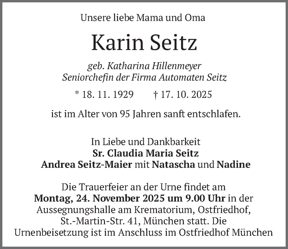  Traueranzeige für Karin Seitz vom 15.11.2025 aus merkurtz