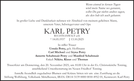 Traueranzeige von Karl Petry von merkurtz