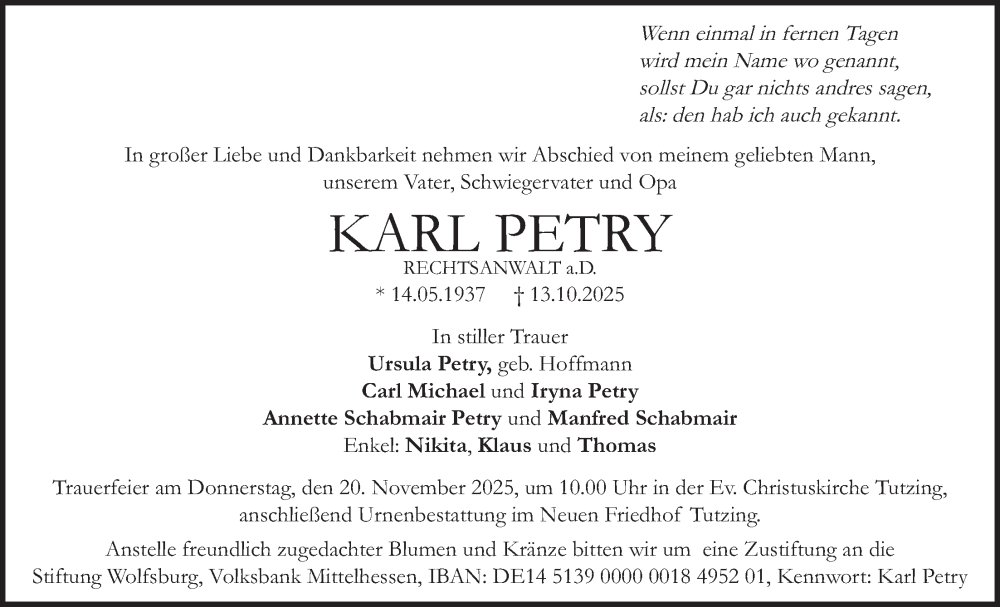  Traueranzeige für Karl Petry vom 08.11.2025 aus merkurtz