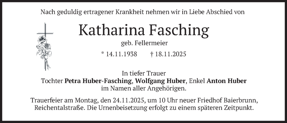  Traueranzeige für Katharina Fasching vom 21.11.2025 aus merkurtz