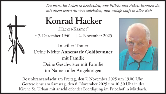 Traueranzeige von Konrad Hacker von merkurtz