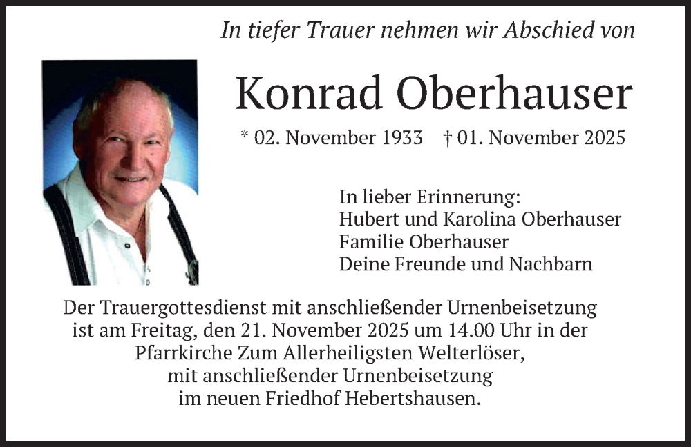  Traueranzeige für Konrad Oberhauser vom 15.11.2025 aus merkurtz