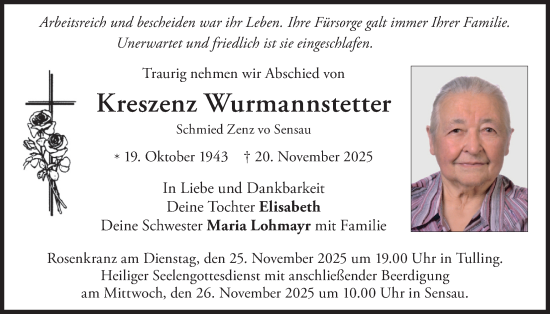 Traueranzeige von Kreszenz Wurmannstetter von merkurtz
