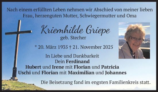 Traueranzeige von Kriemhilde Griepe von merkurtz