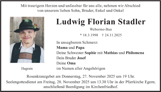 Traueranzeige von Ludwig Florian Stadler von merkurtz