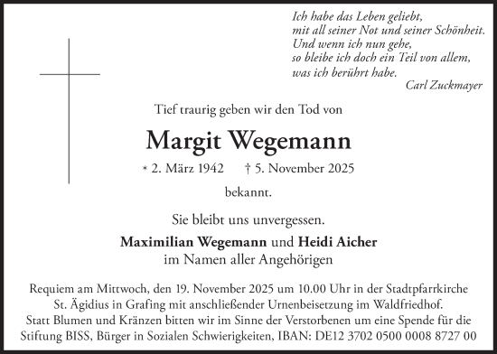 Traueranzeige von Margit Wegemann von merkurtz