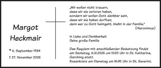 Traueranzeige von Margot Heckmair von merkurtz