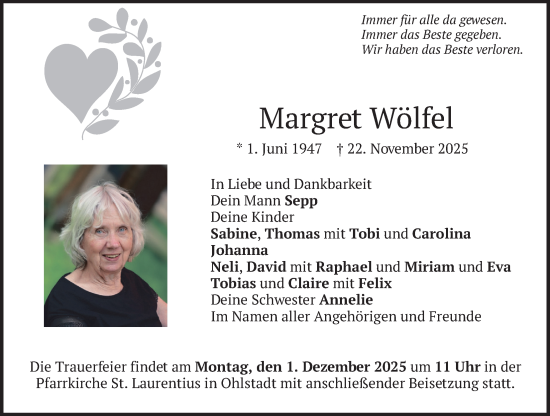 Traueranzeige von Margret Wölfel von merkurtz