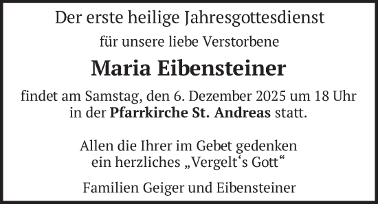 Traueranzeige von Maria Eibensteiner von merkurtz