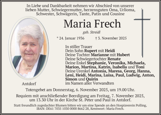 Traueranzeige von Maria Frech von merkurtz