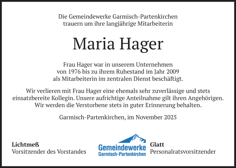  Traueranzeige für Maria Hager vom 25.11.2025 aus merkurtz