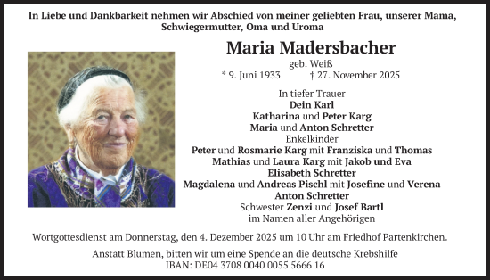 Traueranzeige von Maria Madersbacher von merkurtz
