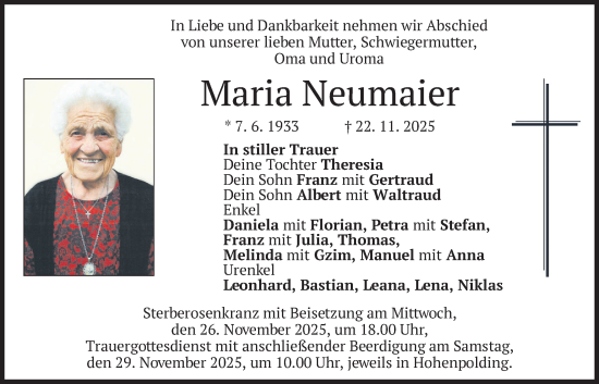 Traueranzeige von Maria Neumaier von merkurtz