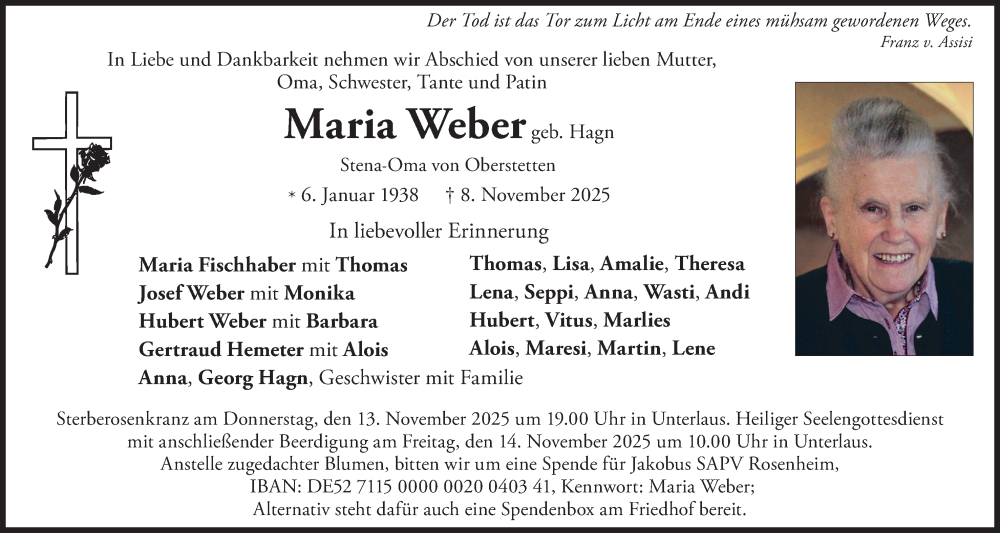  Traueranzeige für Maria Weber vom 12.11.2025 aus merkurtz