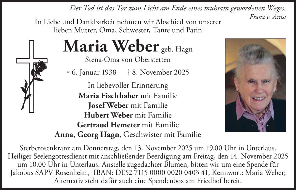  Traueranzeige für Maria Weber vom 12.11.2025 aus merkurtz