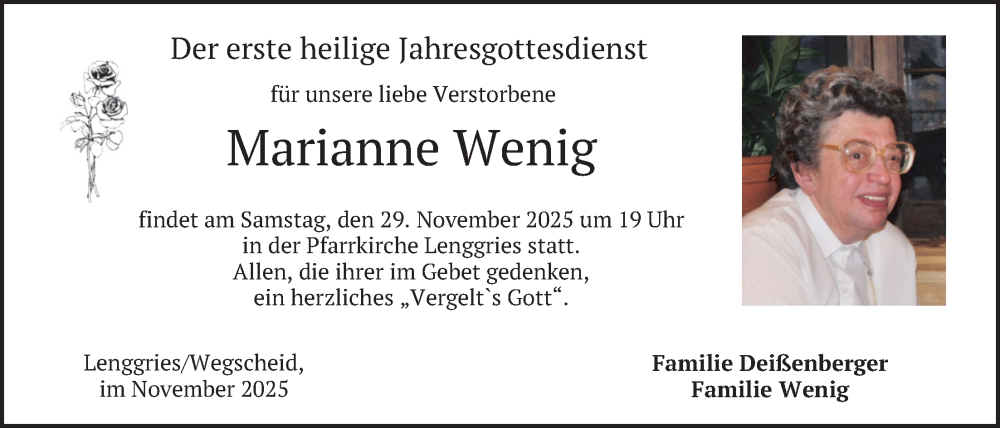  Traueranzeige für Marianne Wenig vom 27.11.2025 aus merkurtz