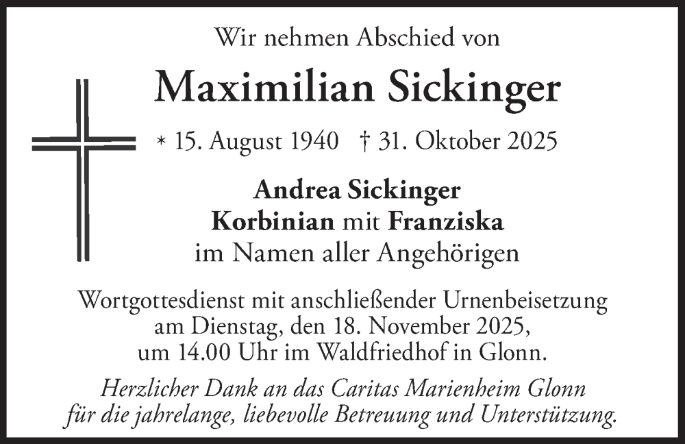  Traueranzeige für Maximilian Sickinger vom 15.11.2025 aus merkurtz