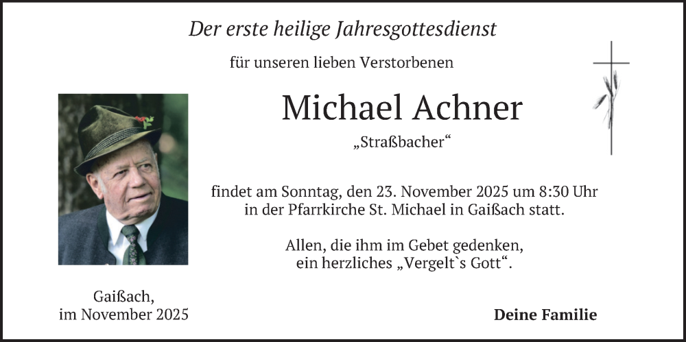  Traueranzeige für Michael Achner vom 20.11.2025 aus merkurtz