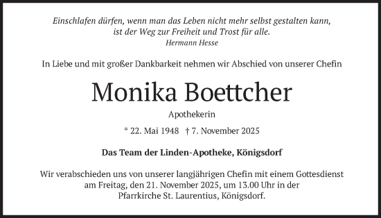Traueranzeige von Monika Boettcher von merkurtz