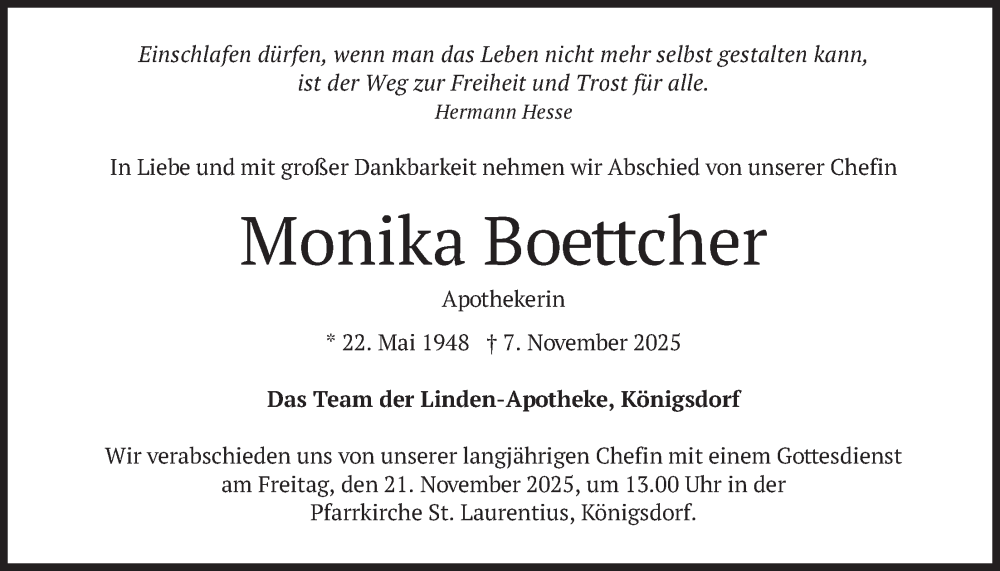  Traueranzeige für Monika Boettcher vom 15.11.2025 aus merkurtz