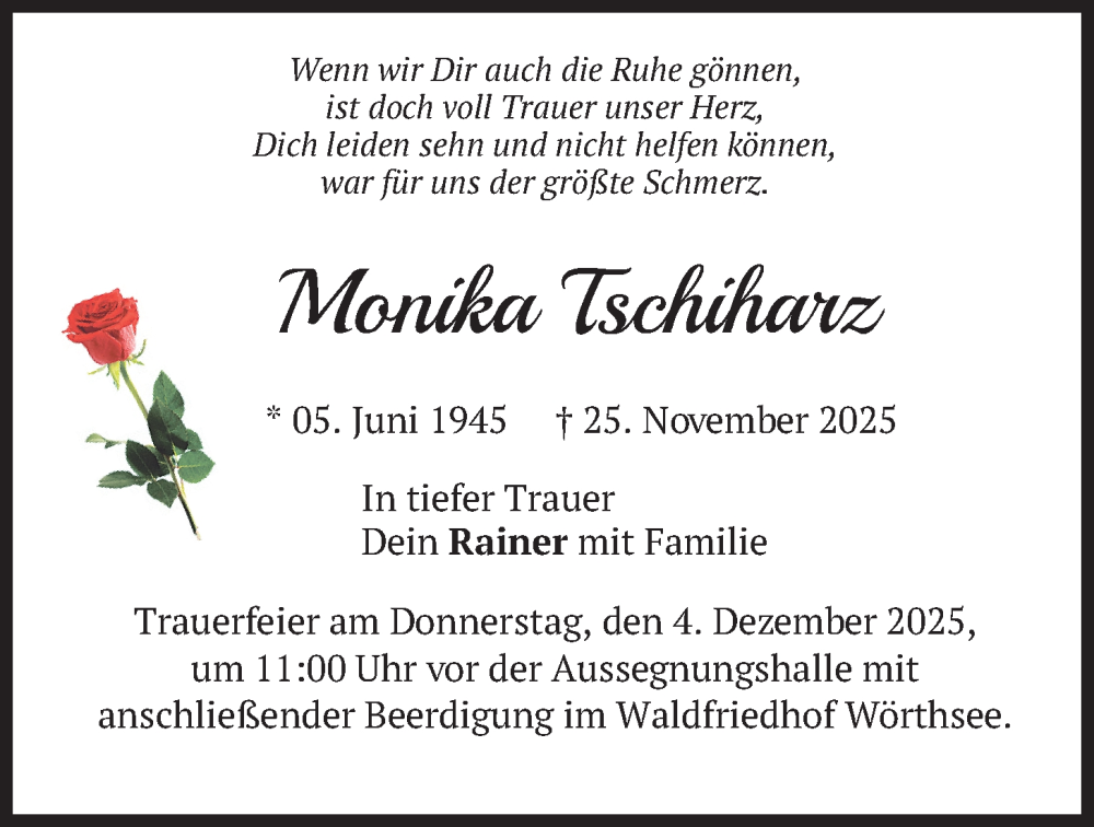  Traueranzeige für Monika Tschiharz vom 29.11.2025 aus merkurtz
