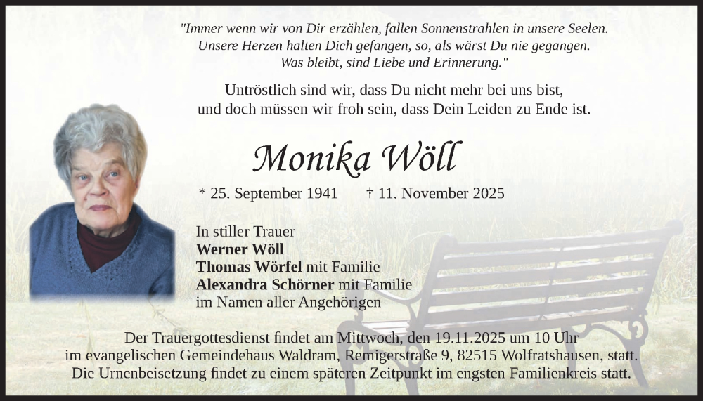  Traueranzeige für Monika Wöll vom 15.11.2025 aus merkurtz