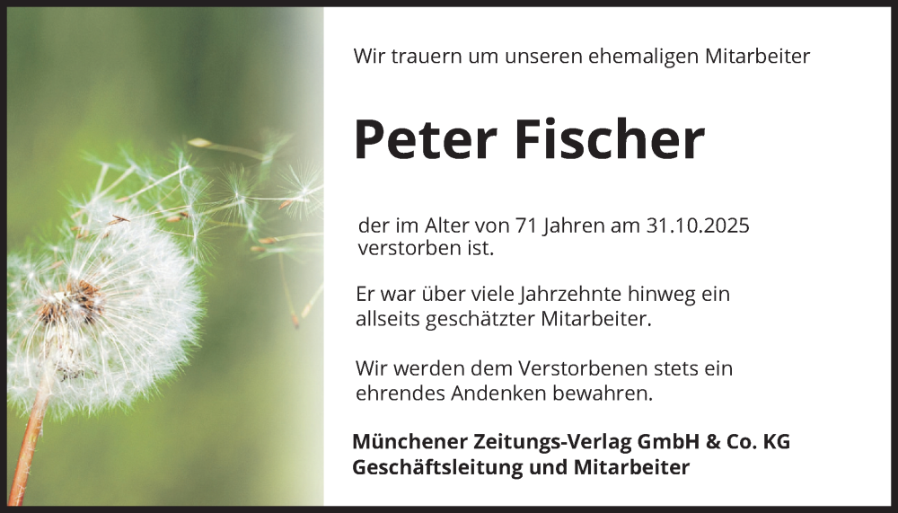  Traueranzeige für Peter Fischer vom 15.11.2025 aus merkurtz